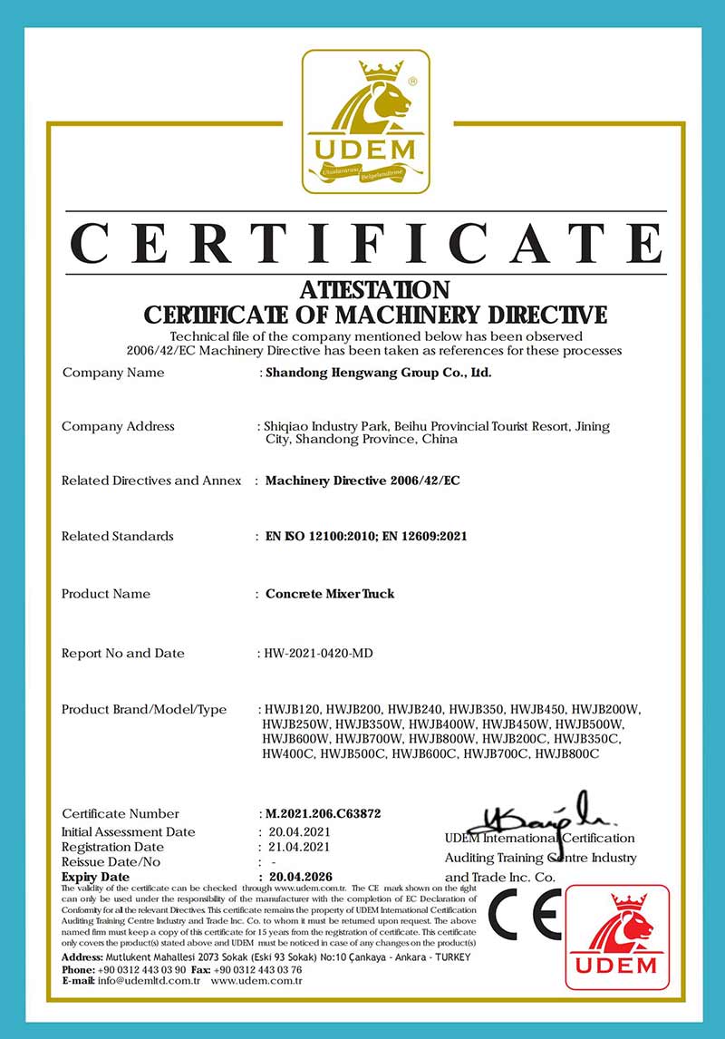 concrete mixer truck certificate of machinery directive